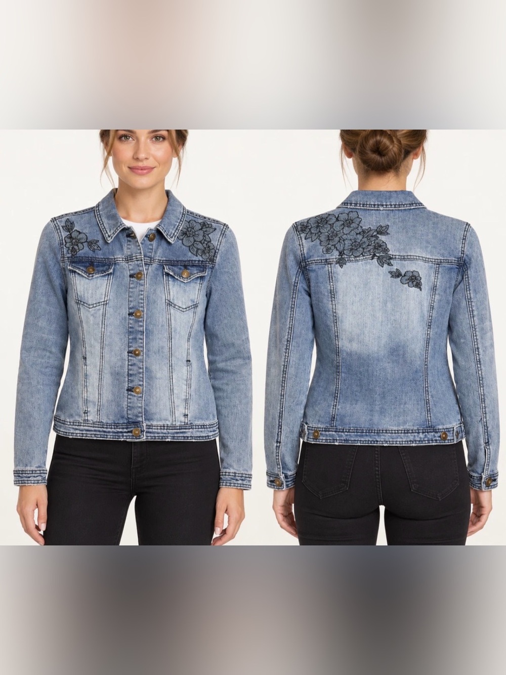 Baccini Womens M Floral Embroidered Light Wash Stretch Denim Trucker Jacket Boho
